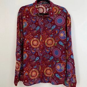 Luc Matton Shirt Mens Size XL Paisley Mandala Print Cotton Linen Burgundy